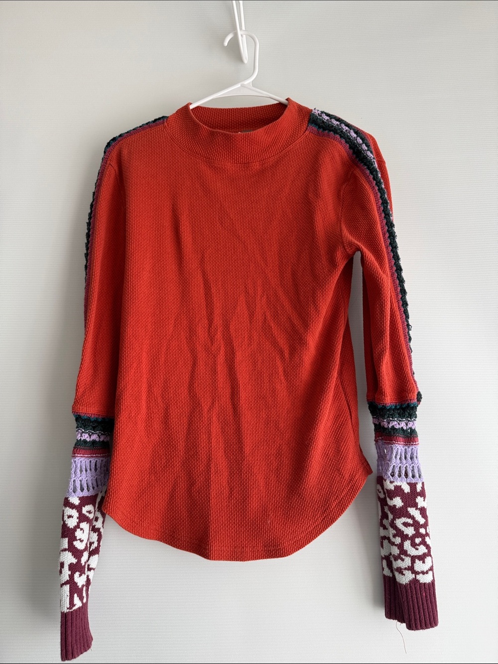 Free People Orange Crochet Knit Pullover with Patterned Contrast Sleeves